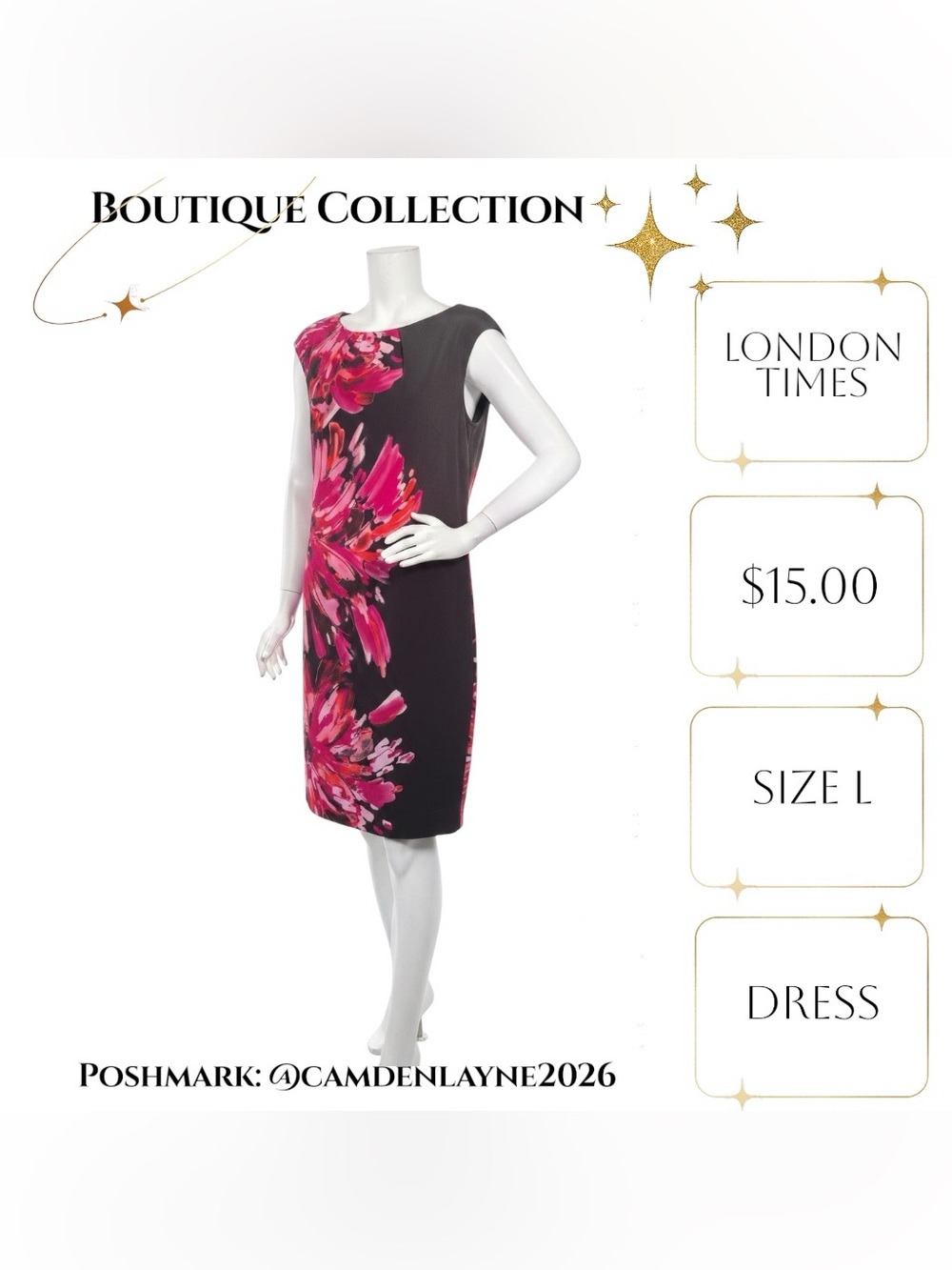 London Times Black Midi Dress with Pink Floral Cascade - Picture 4 of 9